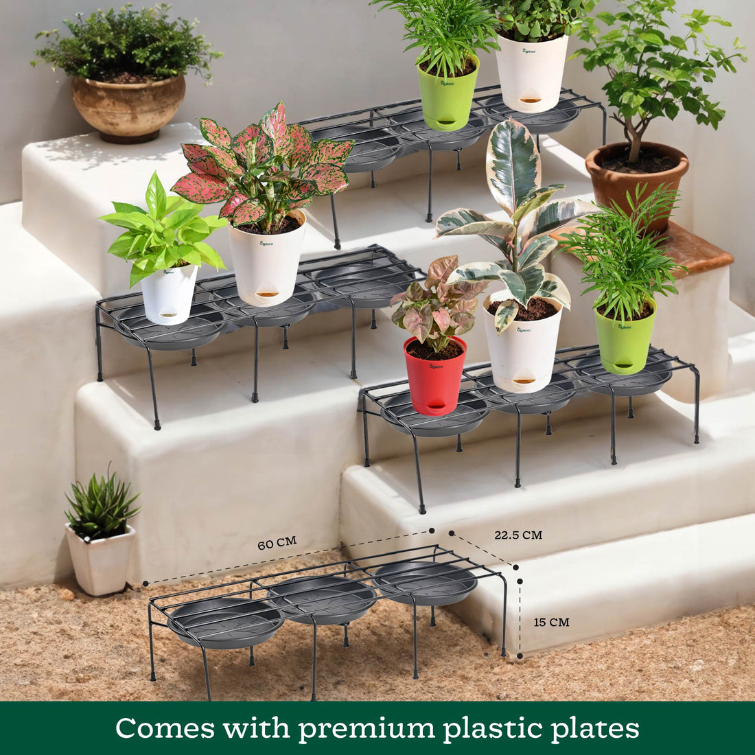 Metal Plant Stands with Drip-tray Holder - set of 4